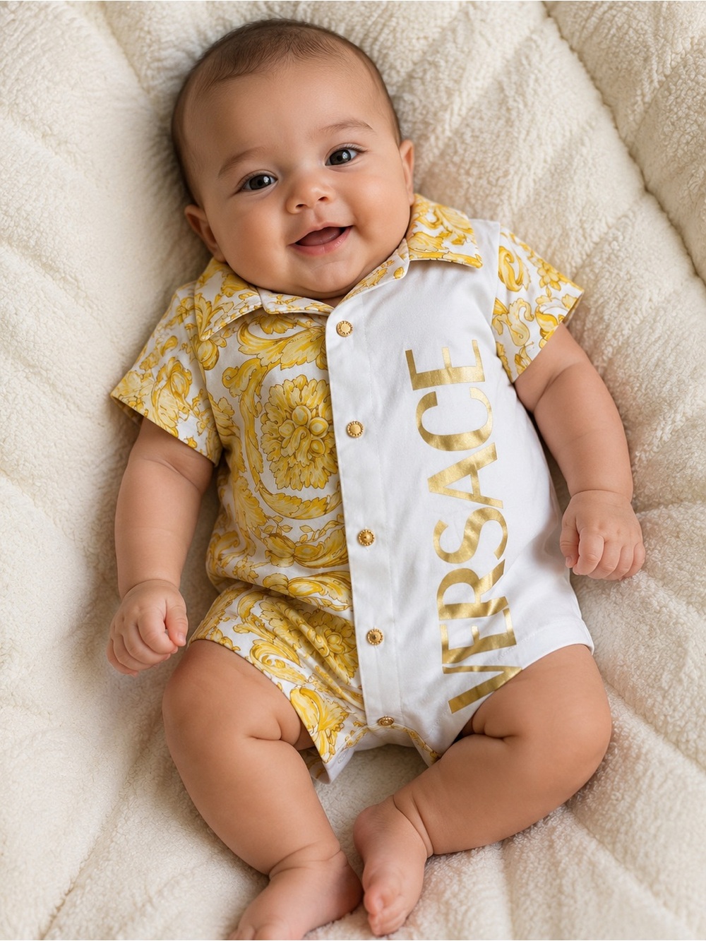 Versace Kids White & Yellow Baroque Button-Front One-Piece